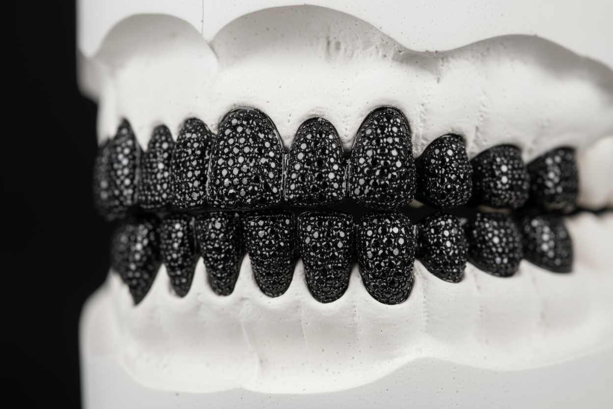 i-want-a-realistic-display-of-a-full-set-of-10-teeth-top-and-bottom-of-black diamond-grillz-white-mould-and-black-background-from-the-side-at-a-slight-angle-canine-centered