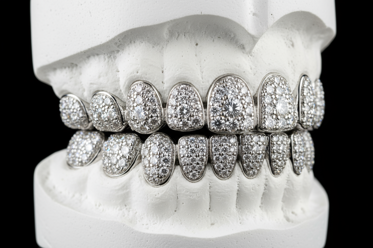 i-want-a-realistic-display-of-a-full-set-of-10-teeth-top-and-bottom-of-diamond-grillz-white-mould-and-black-background from the side at a slight angle. canine centered. 