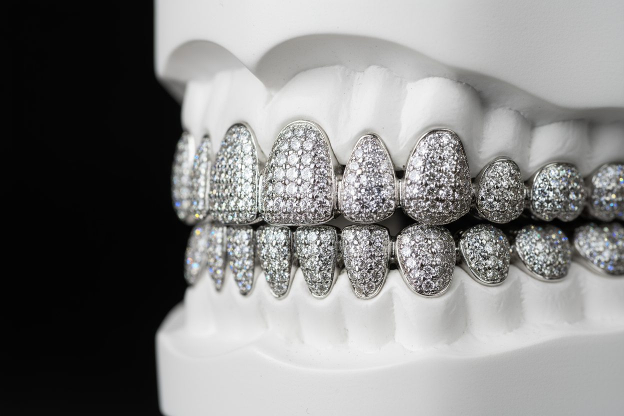 i-want-a-realistic-display-of-a-full-set-of-10-teeth-top-and-bottom-of-diamond-grillz-white-mould-and-black-background, left side angle shot