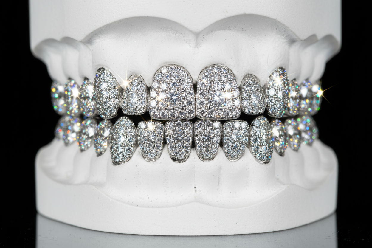 I want a realistic display of a full set of 10 teeth top and bottom of diamond grillz, white mould and black background